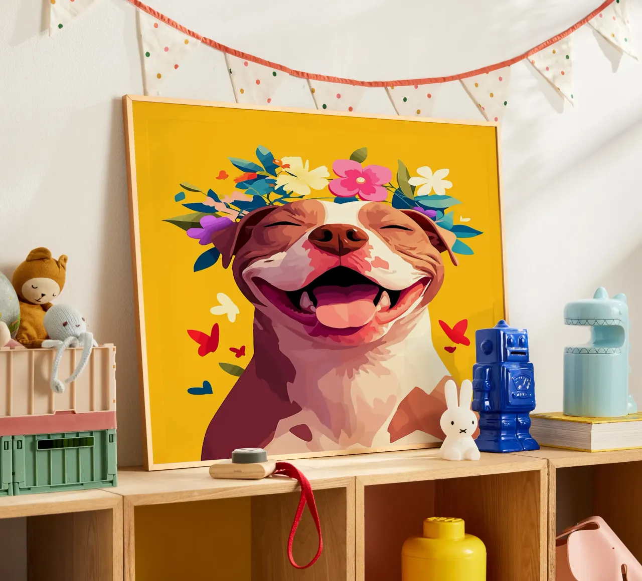 cane fiori corona animale domestico sorriso felice poster con telaio in alluminio da Elly Neubauer