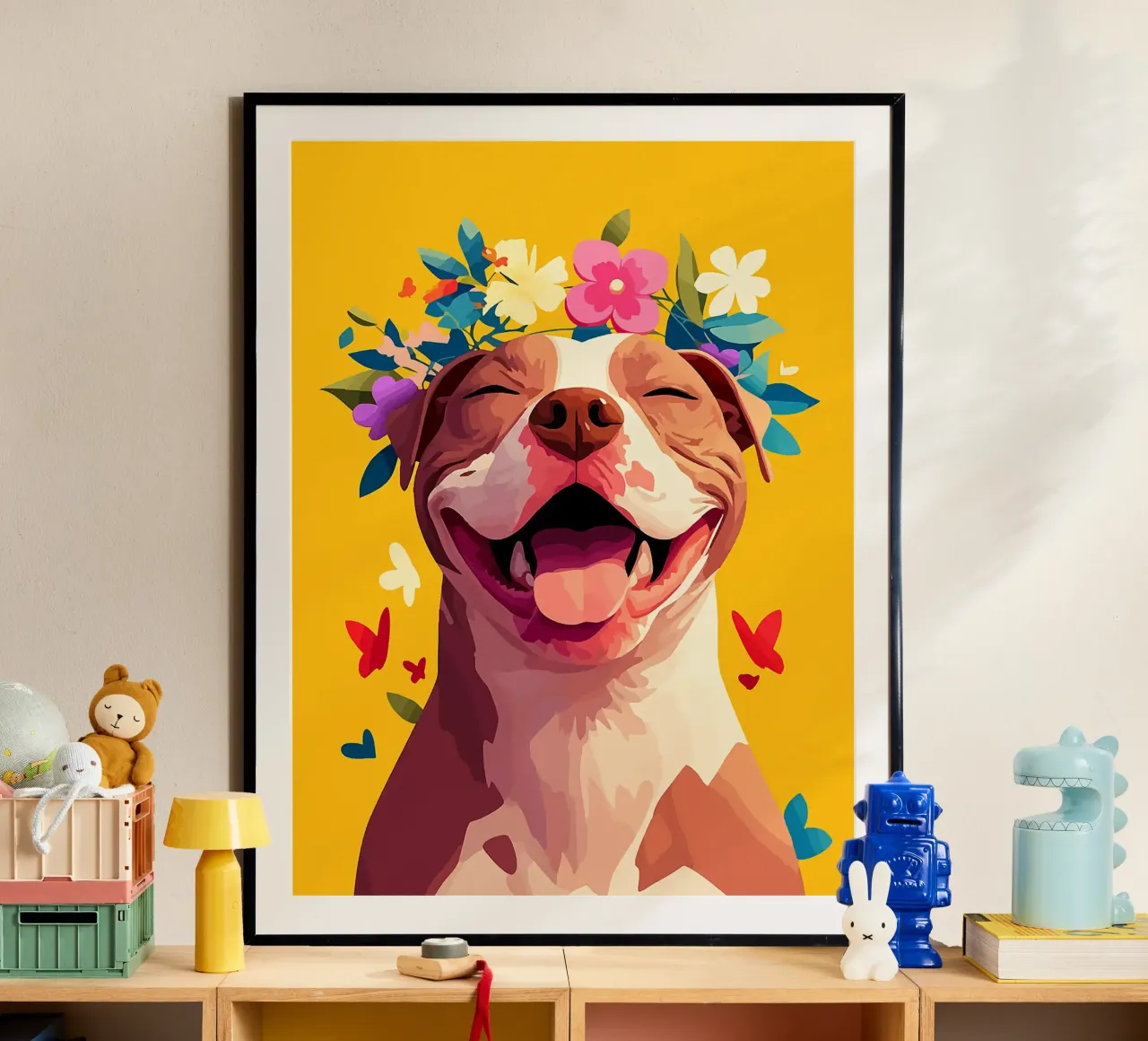 cane fiori corona animale domestico sorriso felice poster con telaio in alluminio da Elly Neubauer