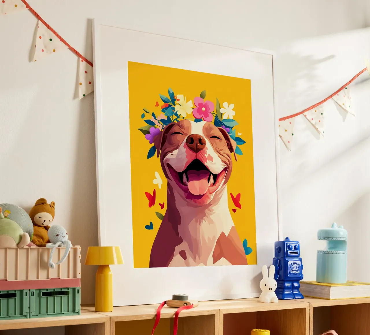 cane fiori corona animale domestico sorriso felice poster con telaio in alluminio da Elly Neubauer