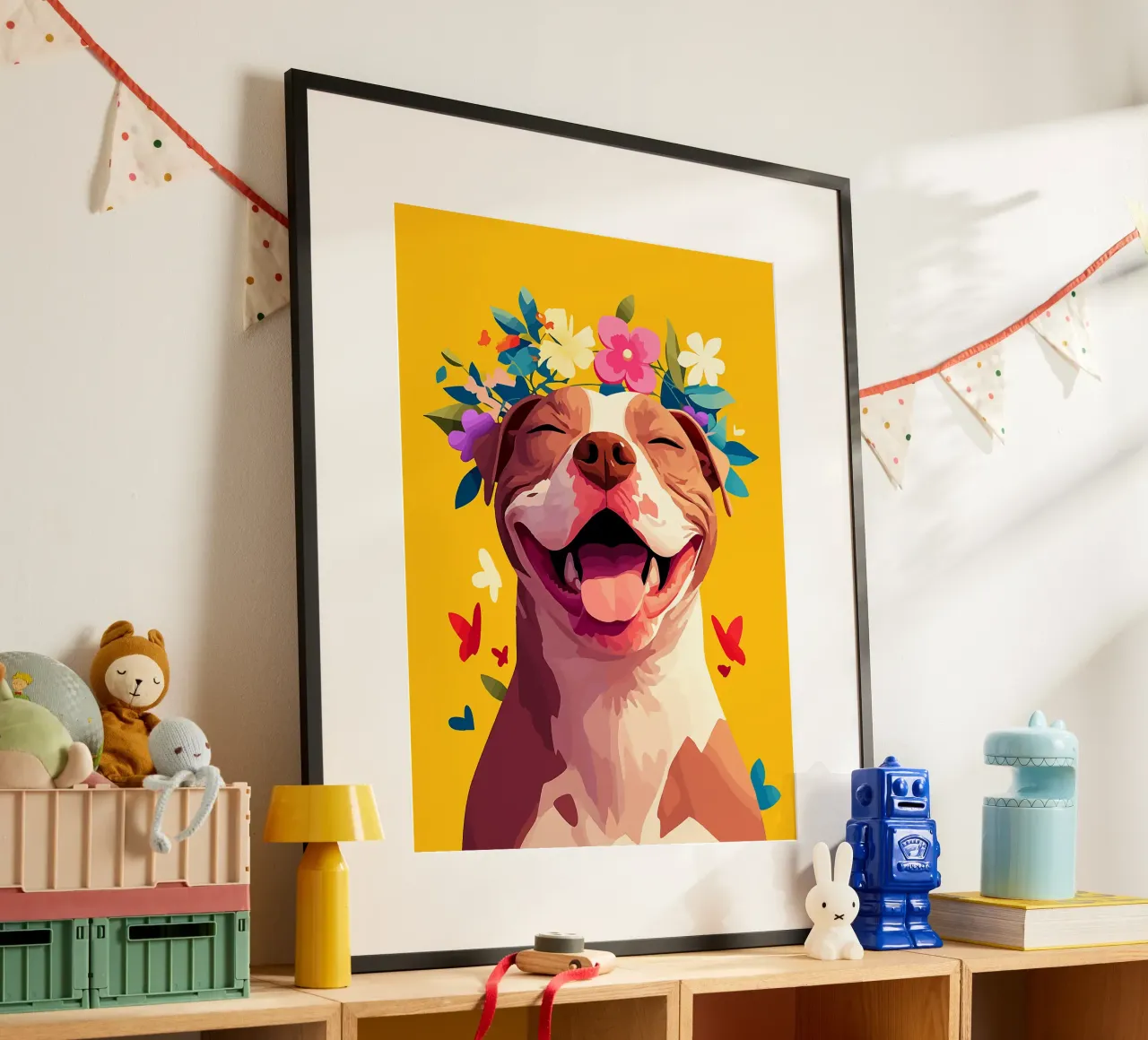 cane fiori corona animale domestico sorriso felice poster con telaio in alluminio da Elly Neubauer