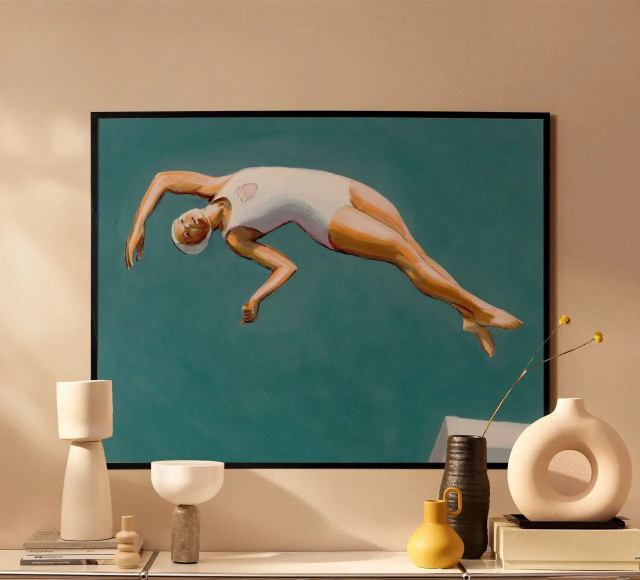 Tuffatore in cielo scuro poster con telaio in alluminio da Norman Click