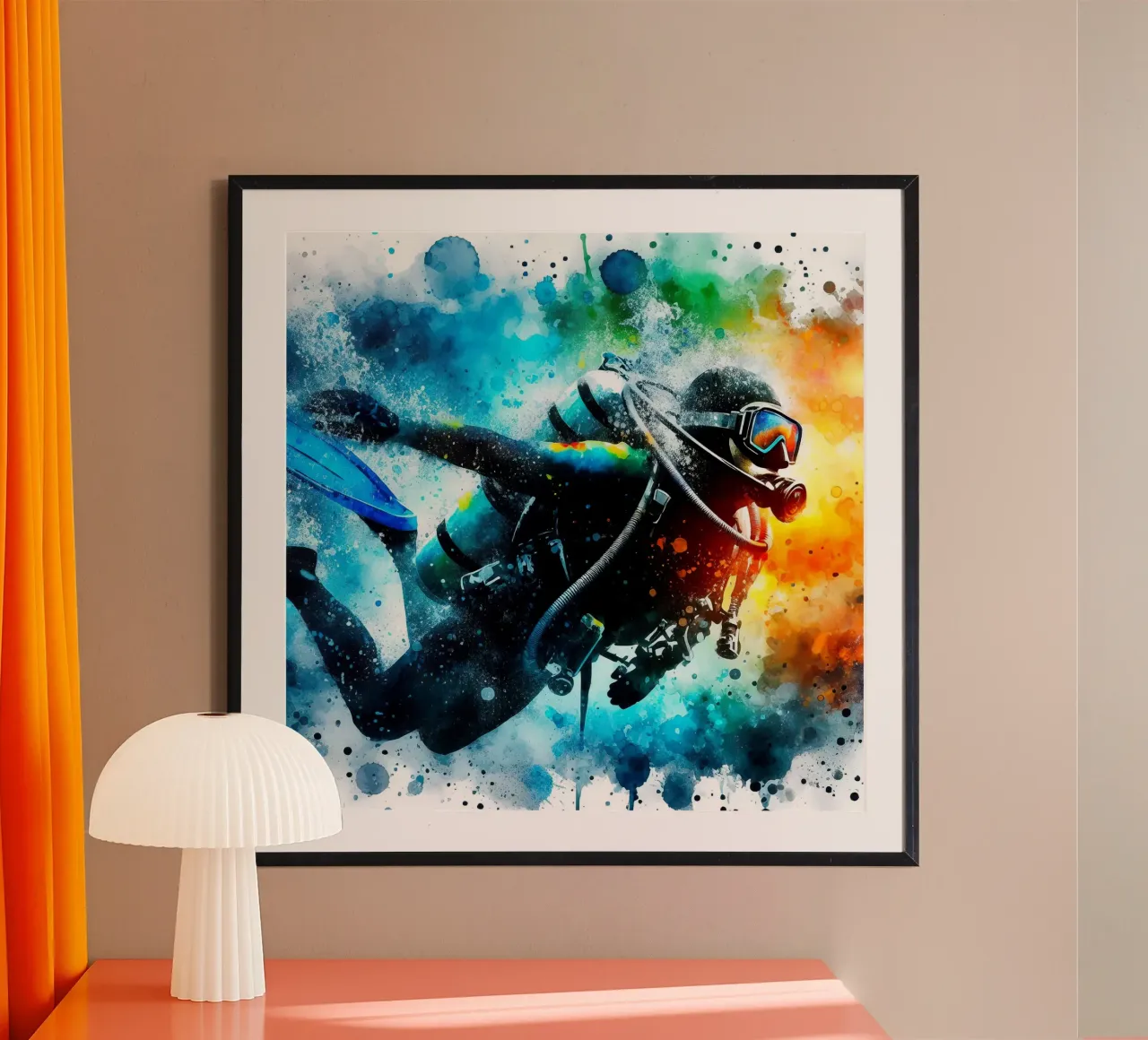 Tuffatore con muta da sub in acquerello poster con telaio in alluminio da Norman Click
