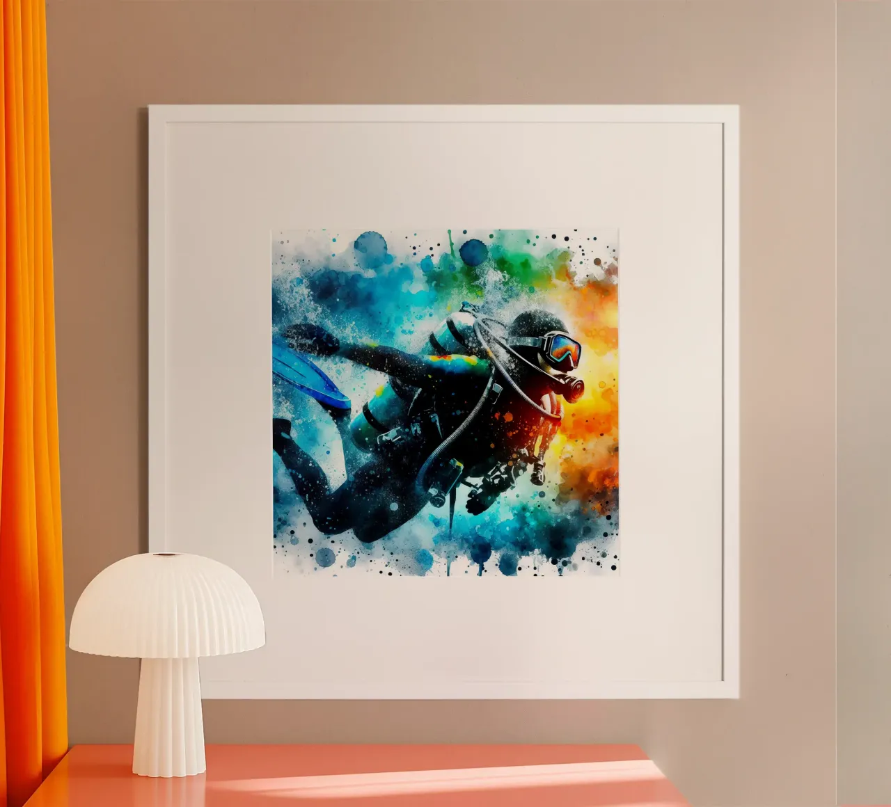 Tuffatore con muta da sub in acquerello poster con telaio in alluminio da Norman Click