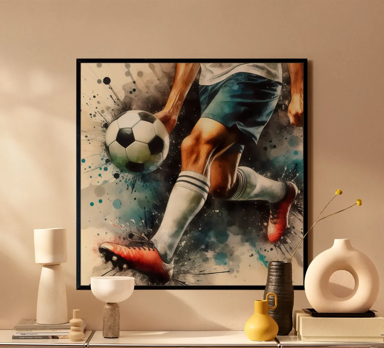 Giocatore di calcio con schizzi di colore poster con telaio in legno da Norman Click
