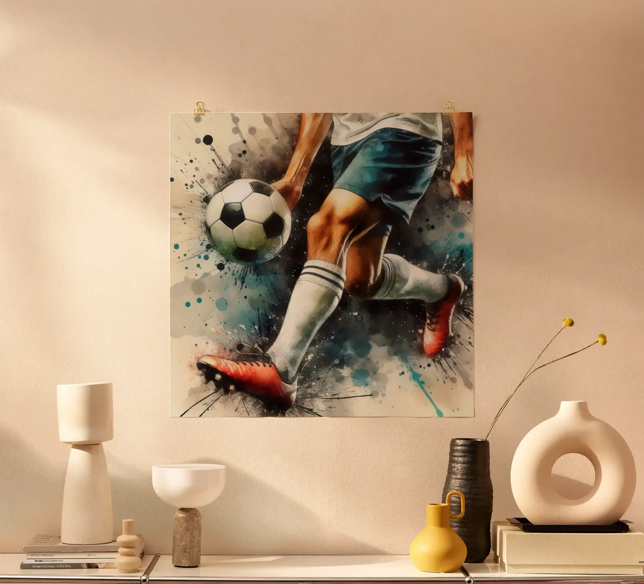 Giocatore di calcio con schizzi di colore poster con telaio in legno da Norman Click