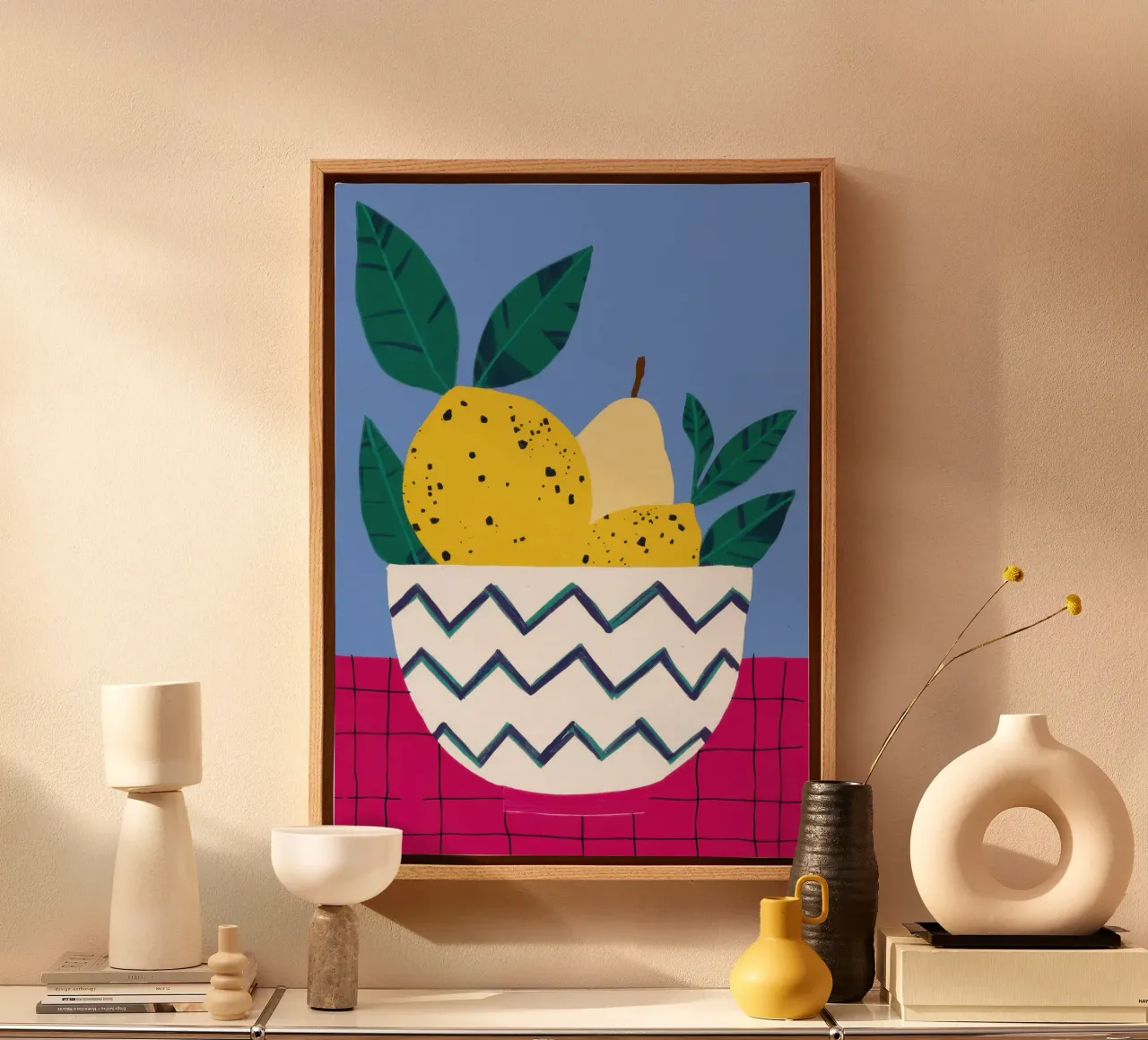 Patterned Pear Poise canvas with Floater frame by Snow Mist