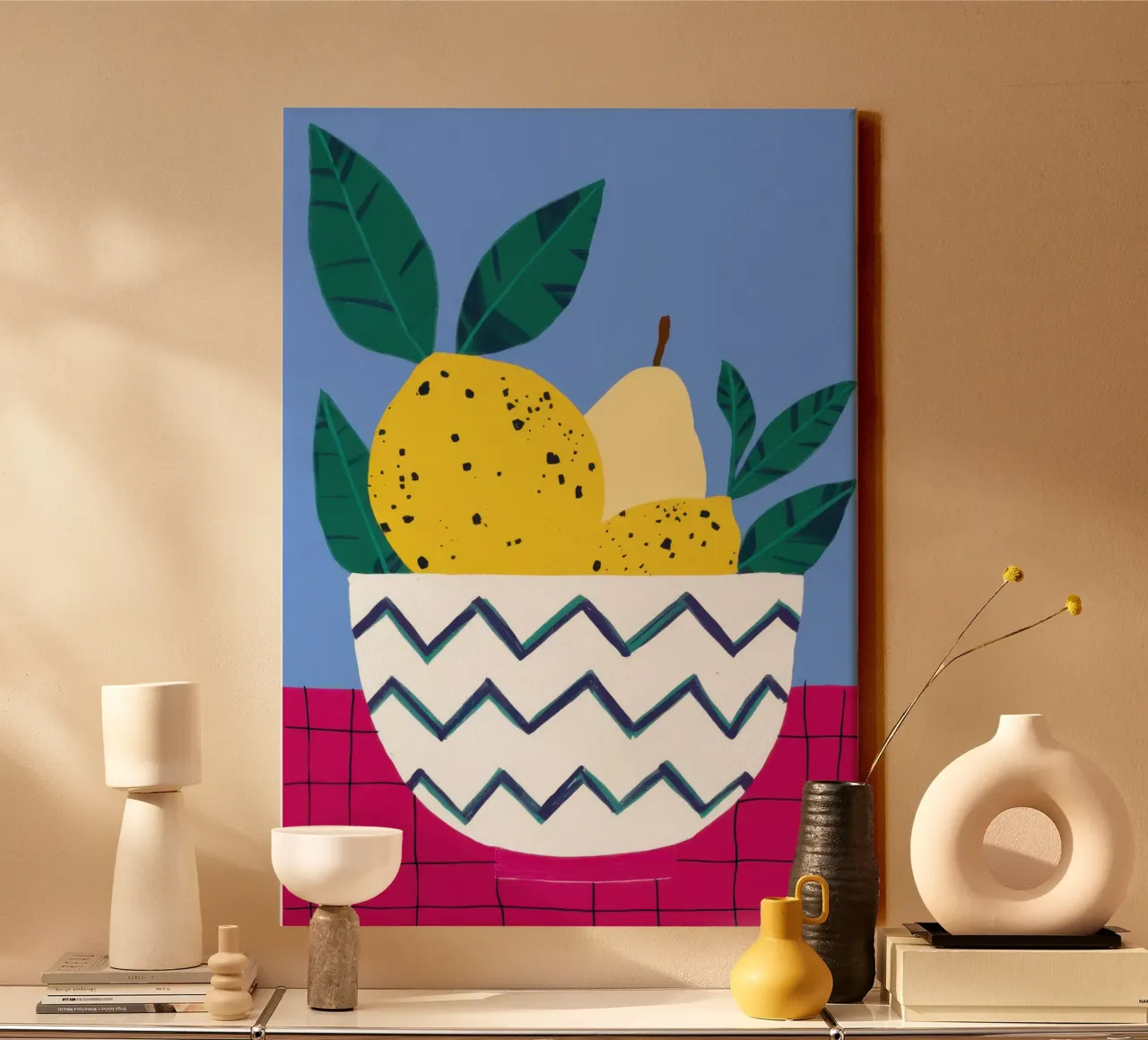 Patterned Pear Poise canvas with Floater frame by Snow Mist