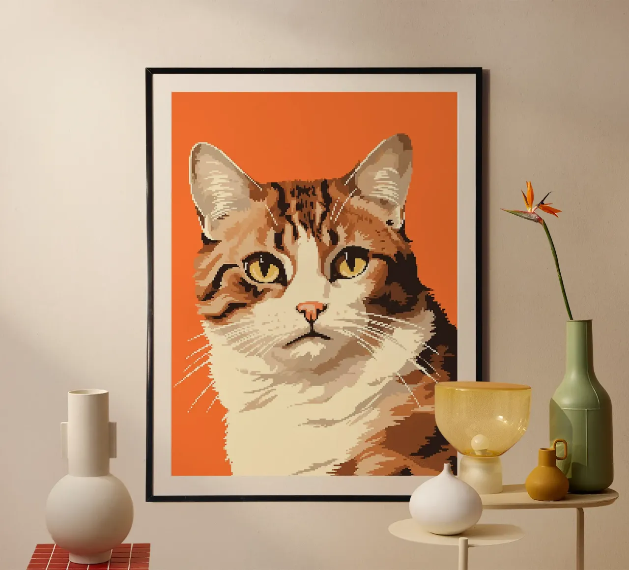 pixel gatto felino animale domestico orecchie occhi poster con telaio in alluminio da Lukas Hoffmann