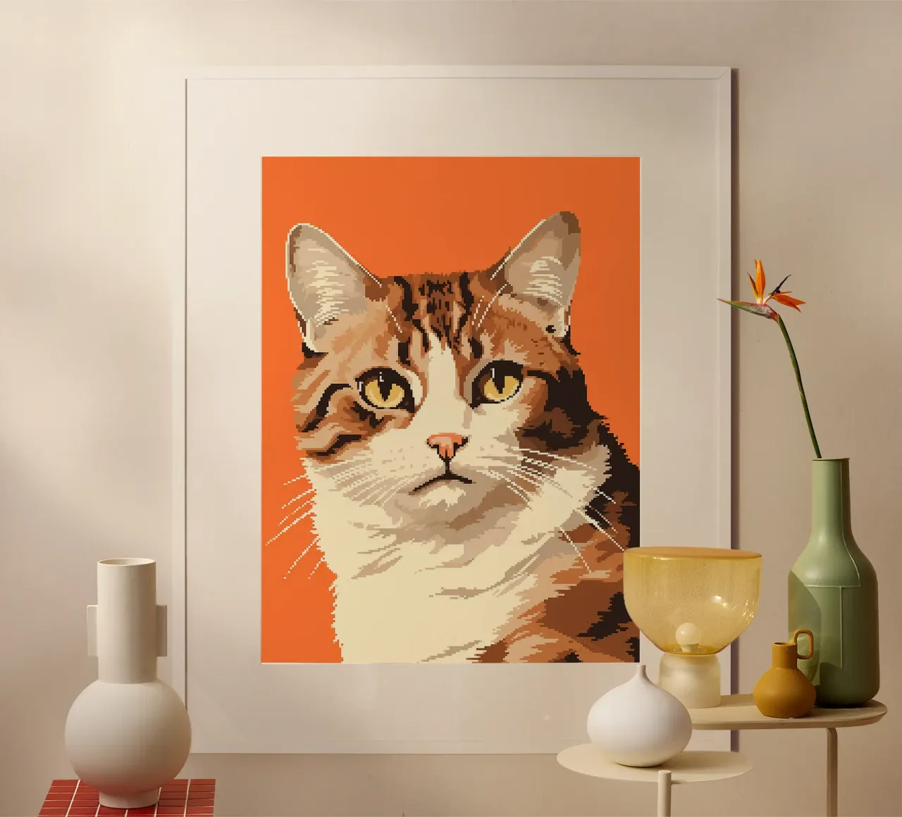 pixel gatto felino animale domestico orecchie occhi poster con telaio in alluminio da Lukas Hoffmann