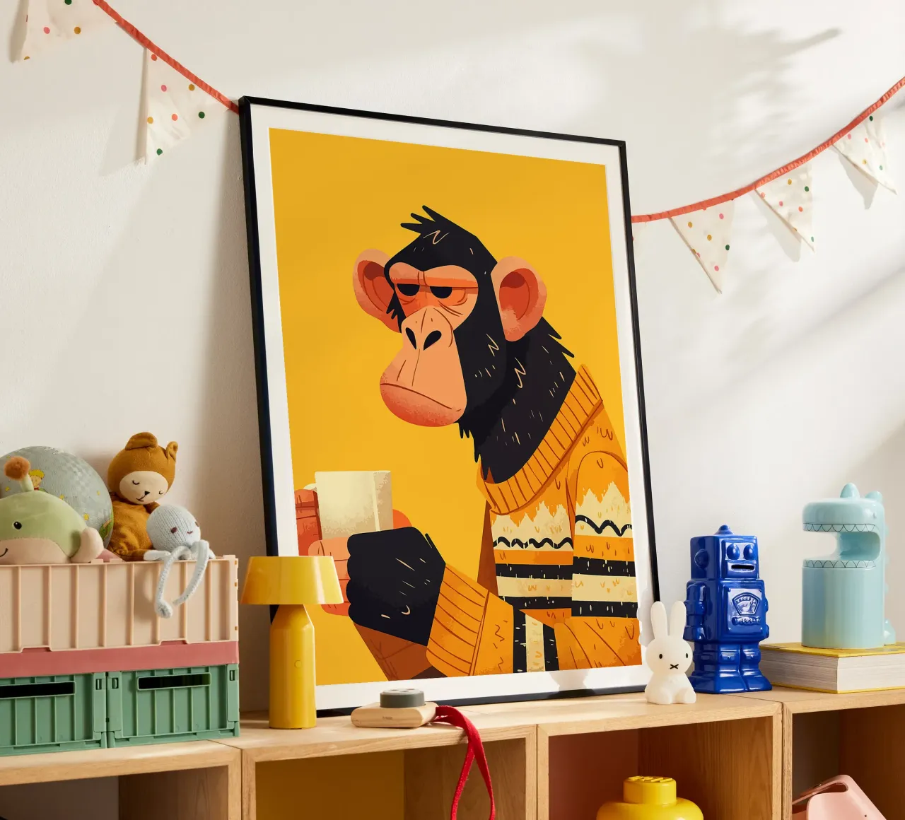tazza da caffè scimmia orecchie maglione poster con telaio in alluminio da Lukas Hoffmann