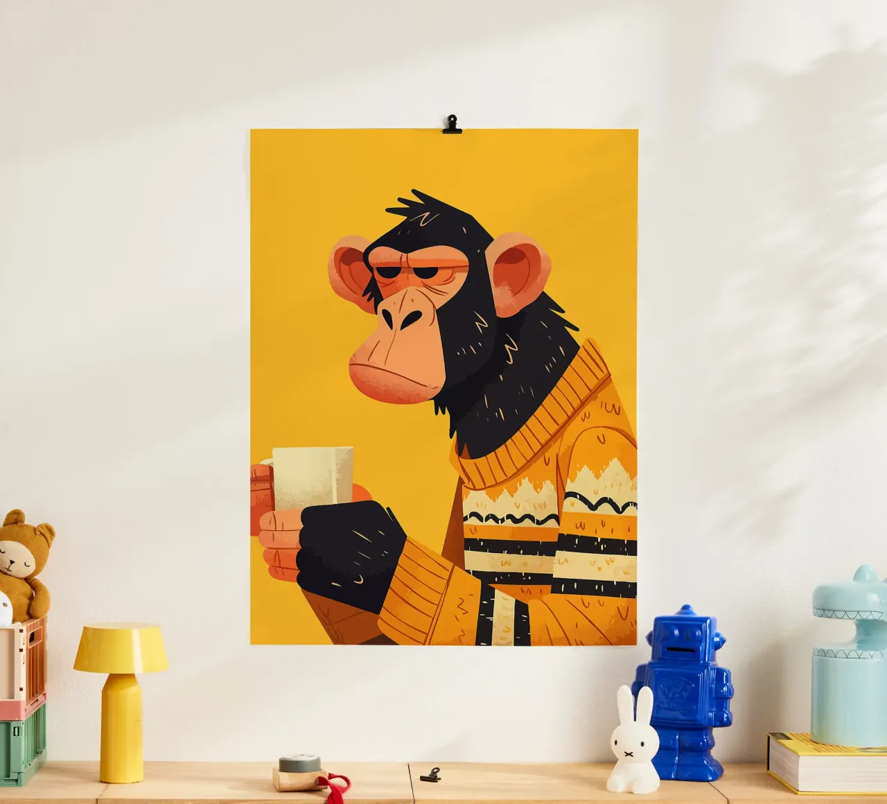 tazza da caffè scimmia orecchie maglione poster con telaio in alluminio da Lukas Hoffmann