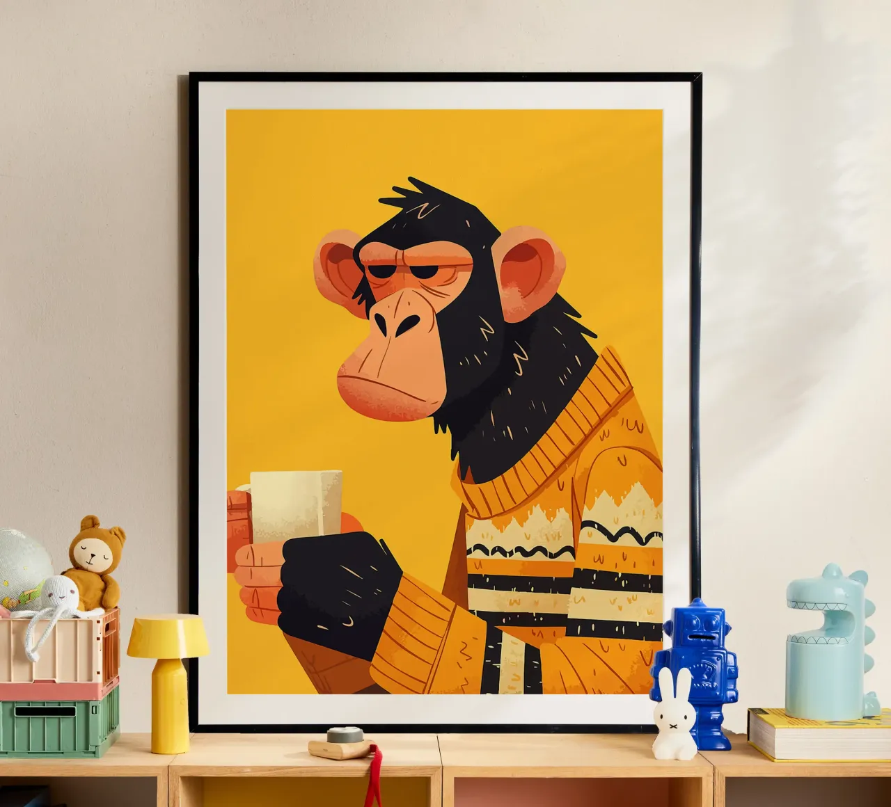 tazza da caffè scimmia orecchie maglione poster con telaio in alluminio da Lukas Hoffmann