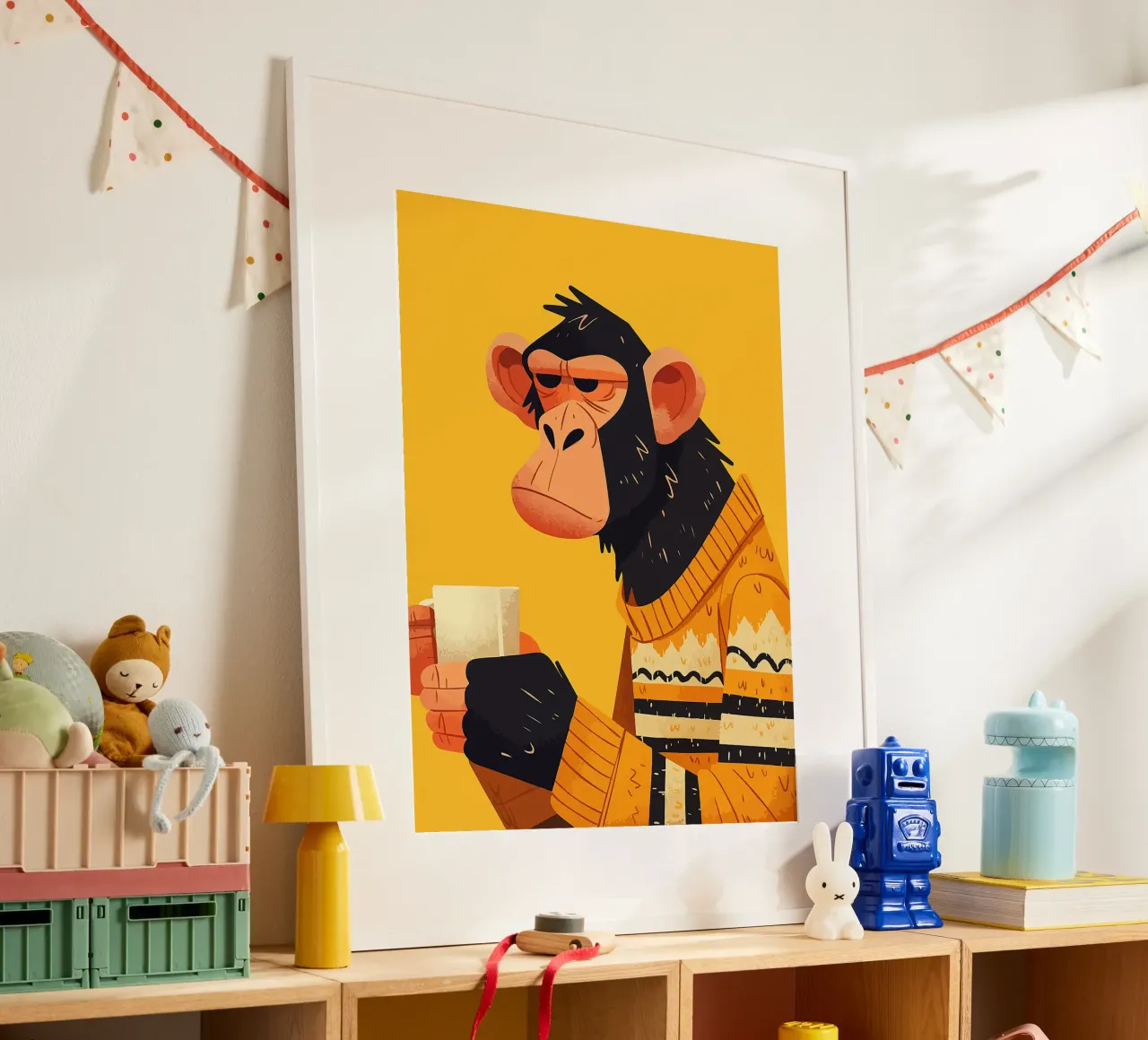 tazza da caffè scimmia orecchie maglione poster con telaio in alluminio da Lukas Hoffmann