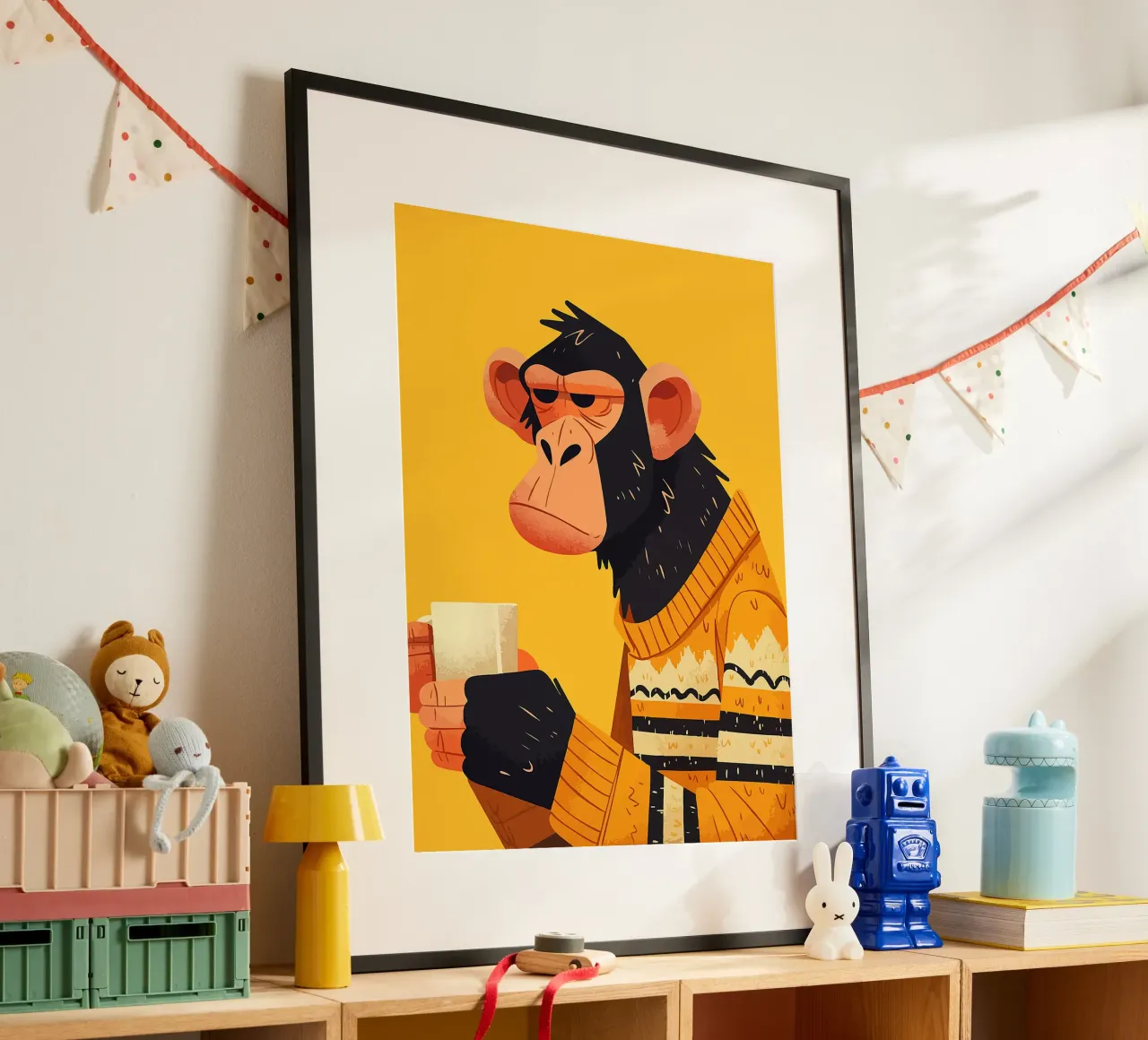 tazza da caffè scimmia orecchie maglione poster con telaio in alluminio da Lukas Hoffmann