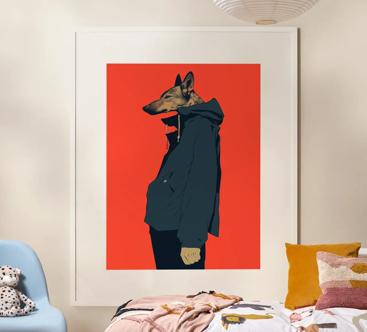 felpa con cappuccio lupo corpo umano testa animale poster con telaio in legno da Lukas Hoffmann