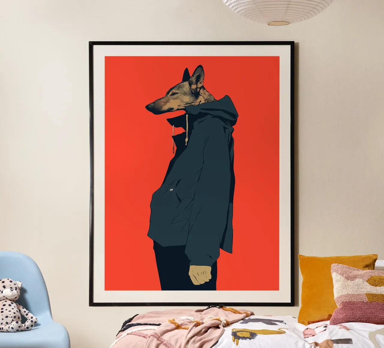 felpa con cappuccio lupo corpo umano testa animale poster con telaio in legno da Lukas Hoffmann