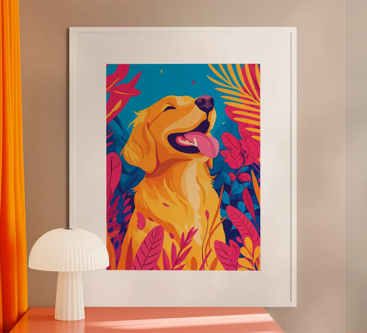 cane lascia lingua sorridente fogliame poster con telaio in legno da Lukas Hoffmann