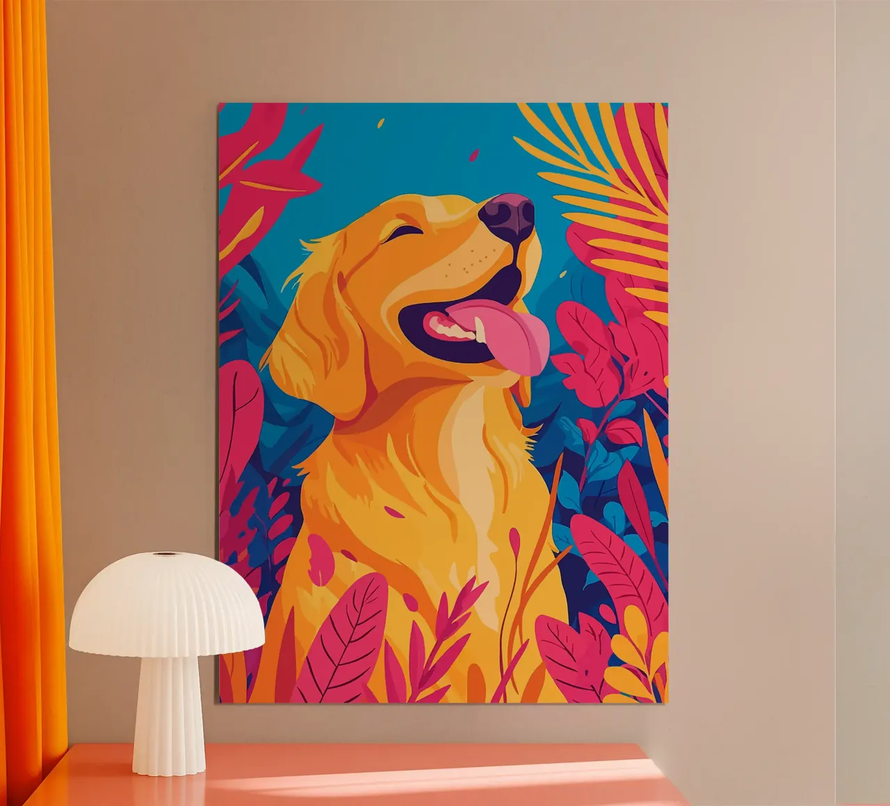 cane lascia lingua sorridente fogliame poster con telaio in legno da Lukas Hoffmann