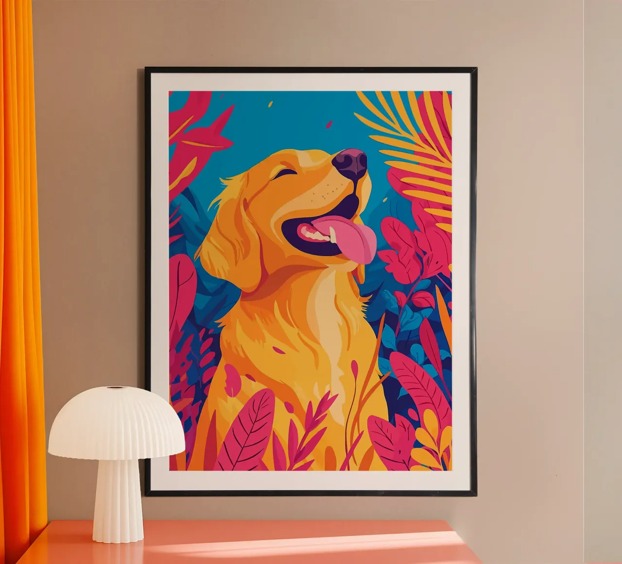 cane lascia lingua sorridente fogliame poster con telaio in legno da Lukas Hoffmann