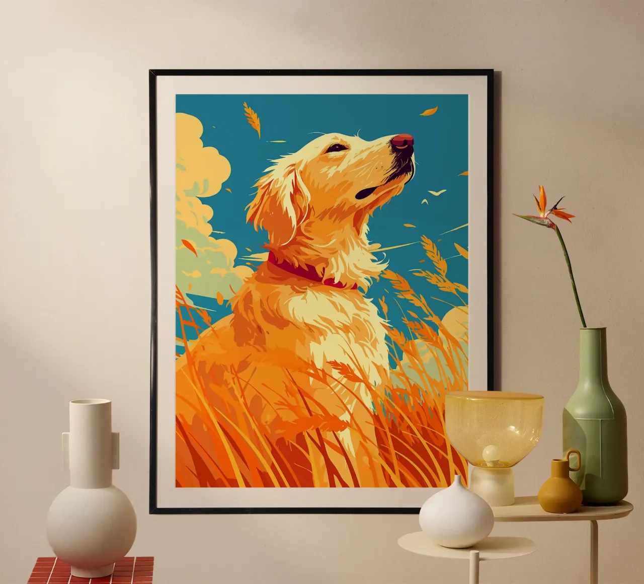cane golden retriever nuvole cielo poster con telaio in legno da Lukas Hoffmann