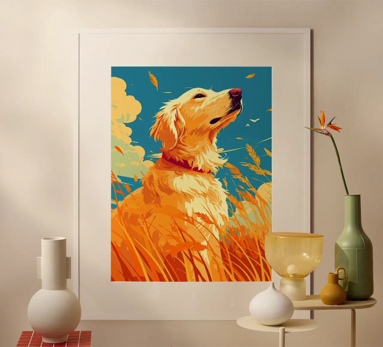 cane golden retriever nuvole cielo poster con telaio in legno da Lukas Hoffmann