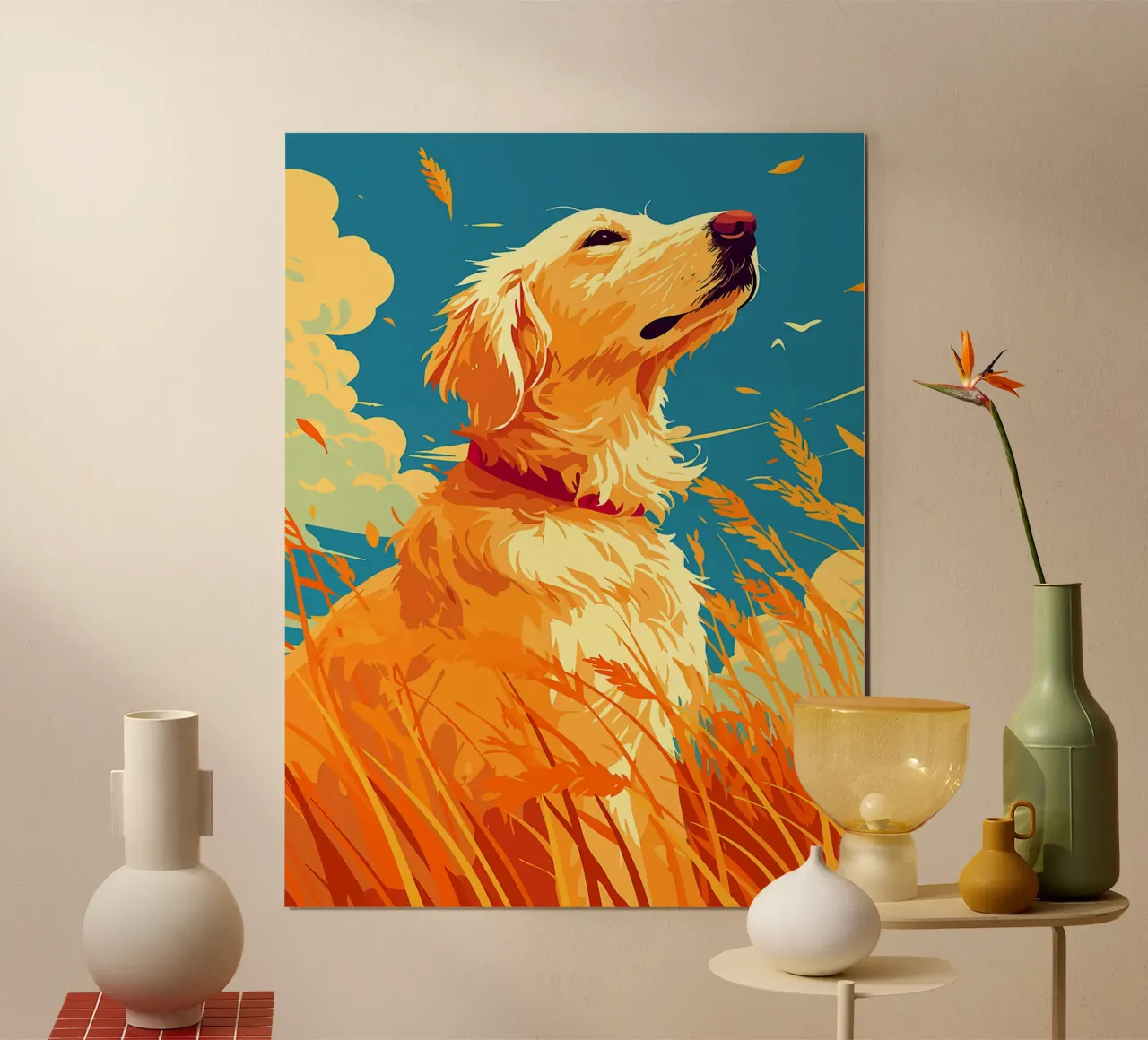 cane golden retriever nuvole cielo poster con telaio in legno da Lukas Hoffmann