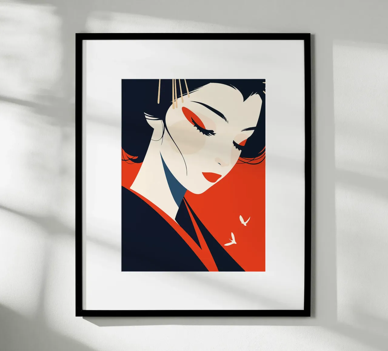 donna geisha viso labbra rosse capelli neri forcine poster con telaio in legno da Lukas Hoffmann