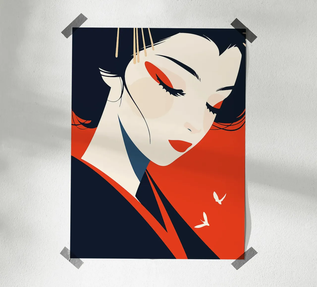 donna geisha viso labbra rosse capelli neri forcine poster con telaio in legno da Lukas Hoffmann