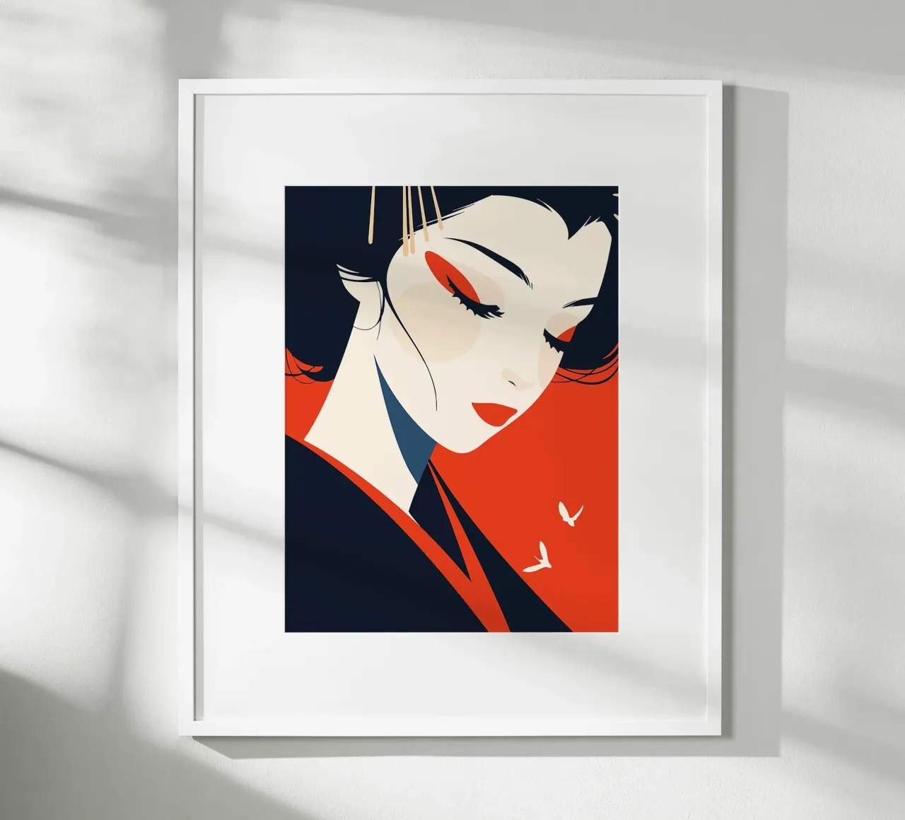 donna geisha viso labbra rosse capelli neri forcine poster con telaio in legno da Lukas Hoffmann