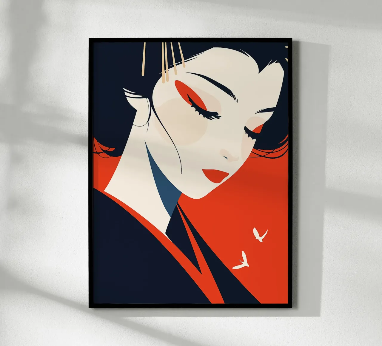 donna geisha viso labbra rosse capelli neri forcine poster con telaio in legno da Lukas Hoffmann