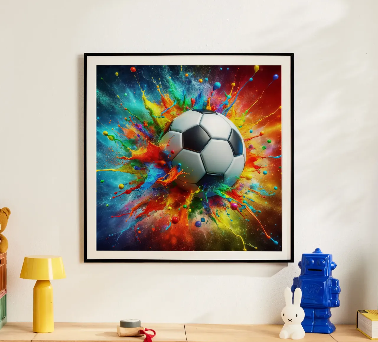 Pallone da calcio acquerellato con tocchi esplosivi poster con telaio in legno da Norman Click