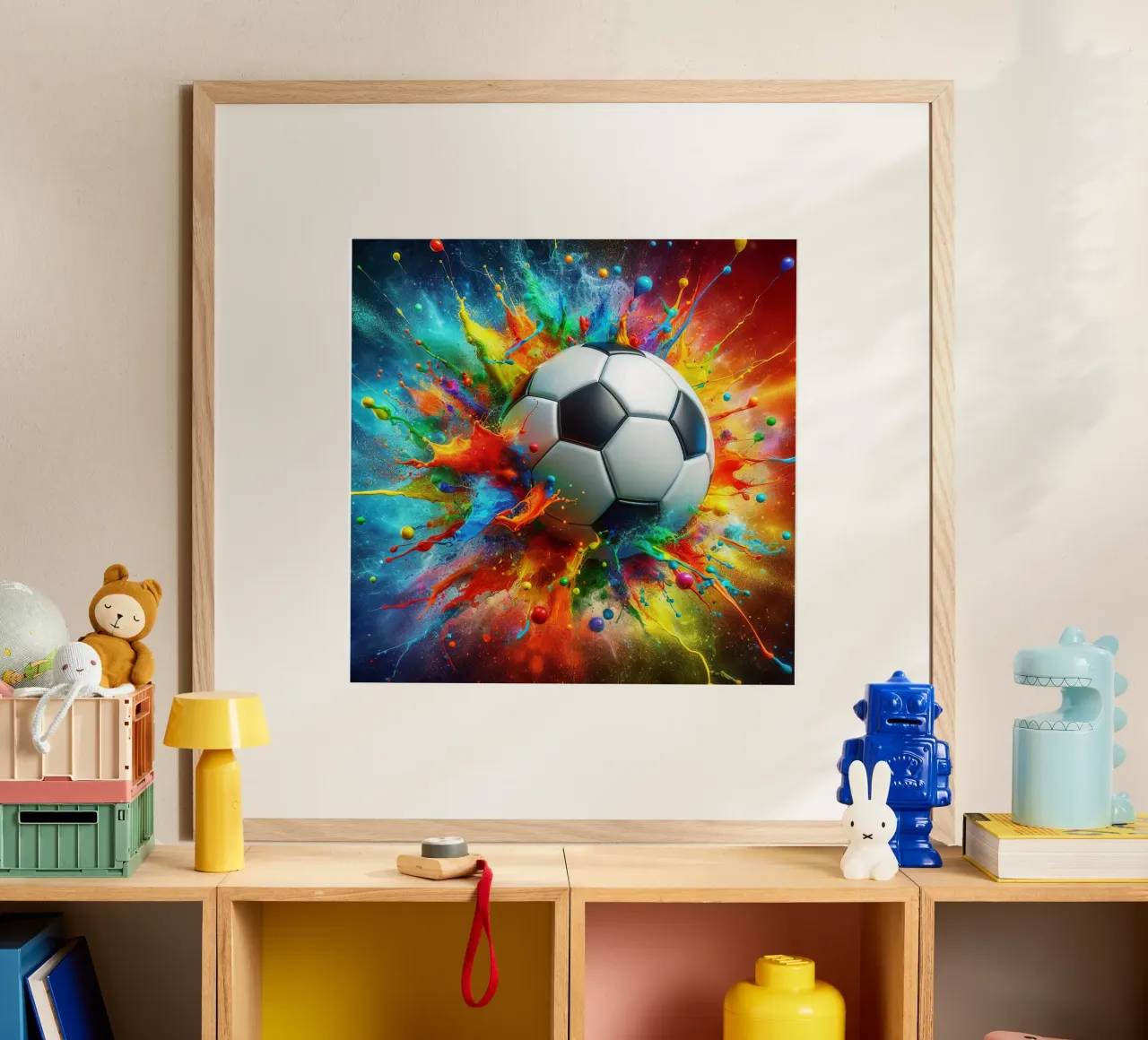 Pallone da calcio acquerellato con tocchi esplosivi poster con telaio in legno da Norman Click