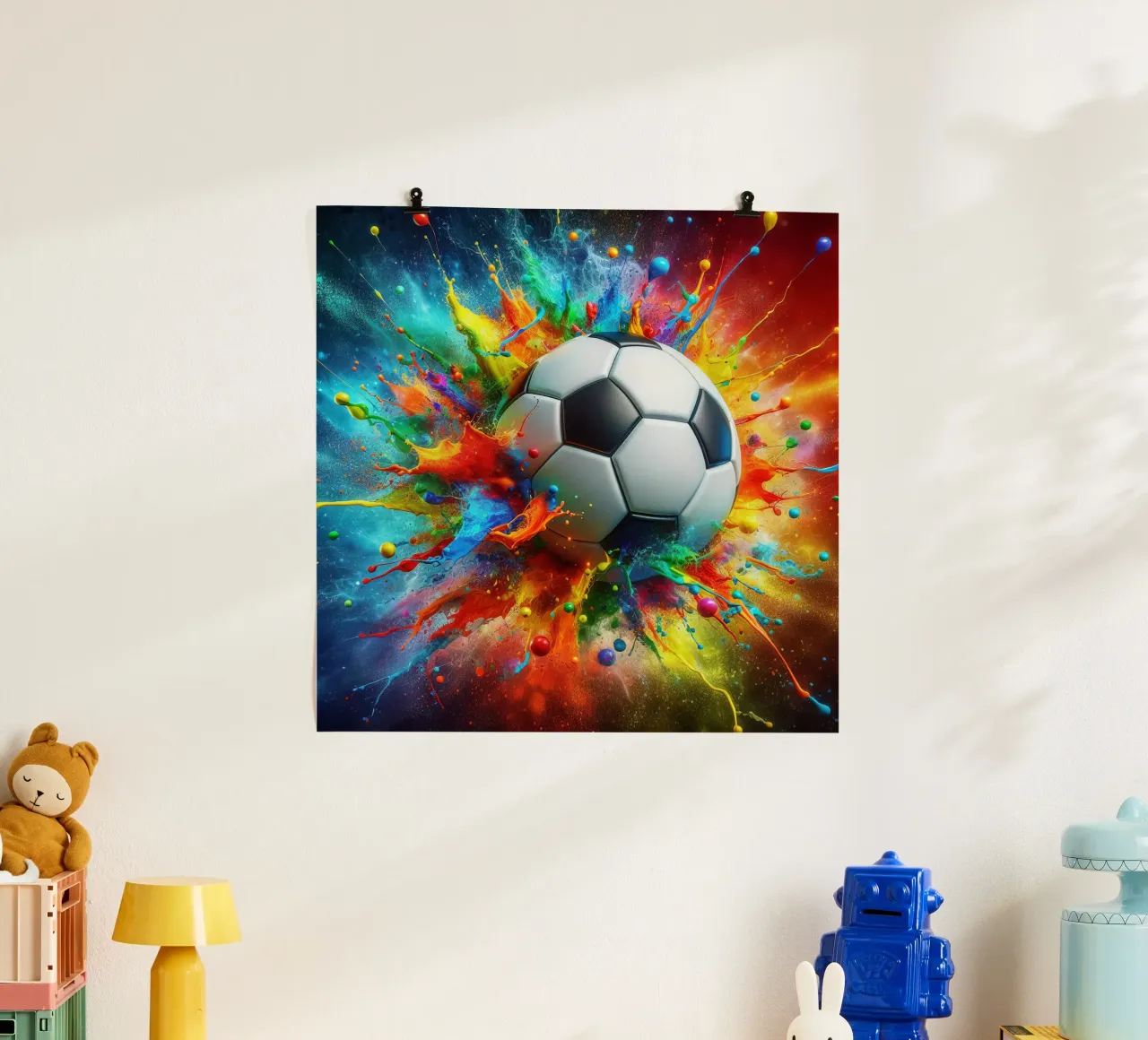 Pallone da calcio acquerellato con tocchi esplosivi poster con telaio in legno da Norman Click