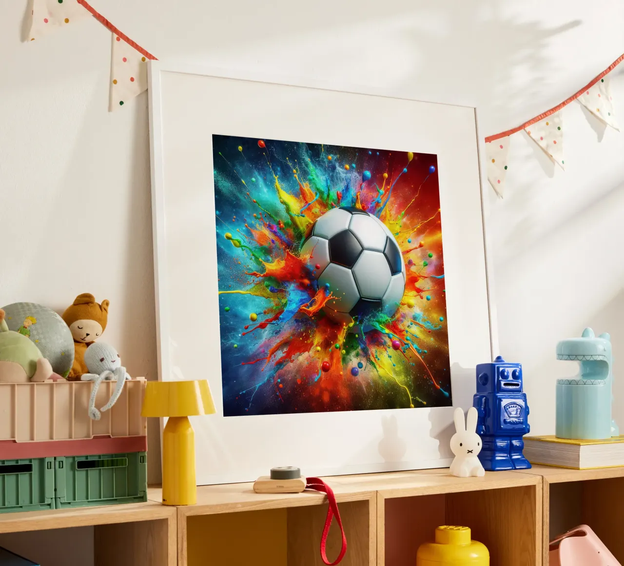 Pallone da calcio acquerellato con tocchi esplosivi poster con telaio in legno da Norman Click