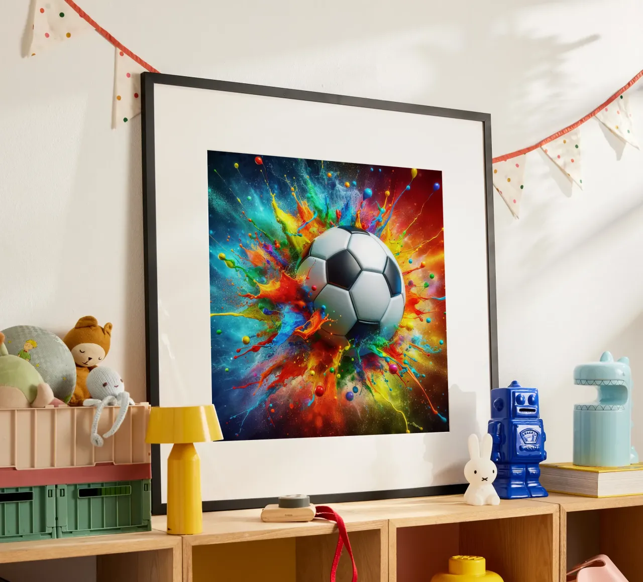 Pallone da calcio acquerellato con tocchi esplosivi poster con telaio in legno da Norman Click