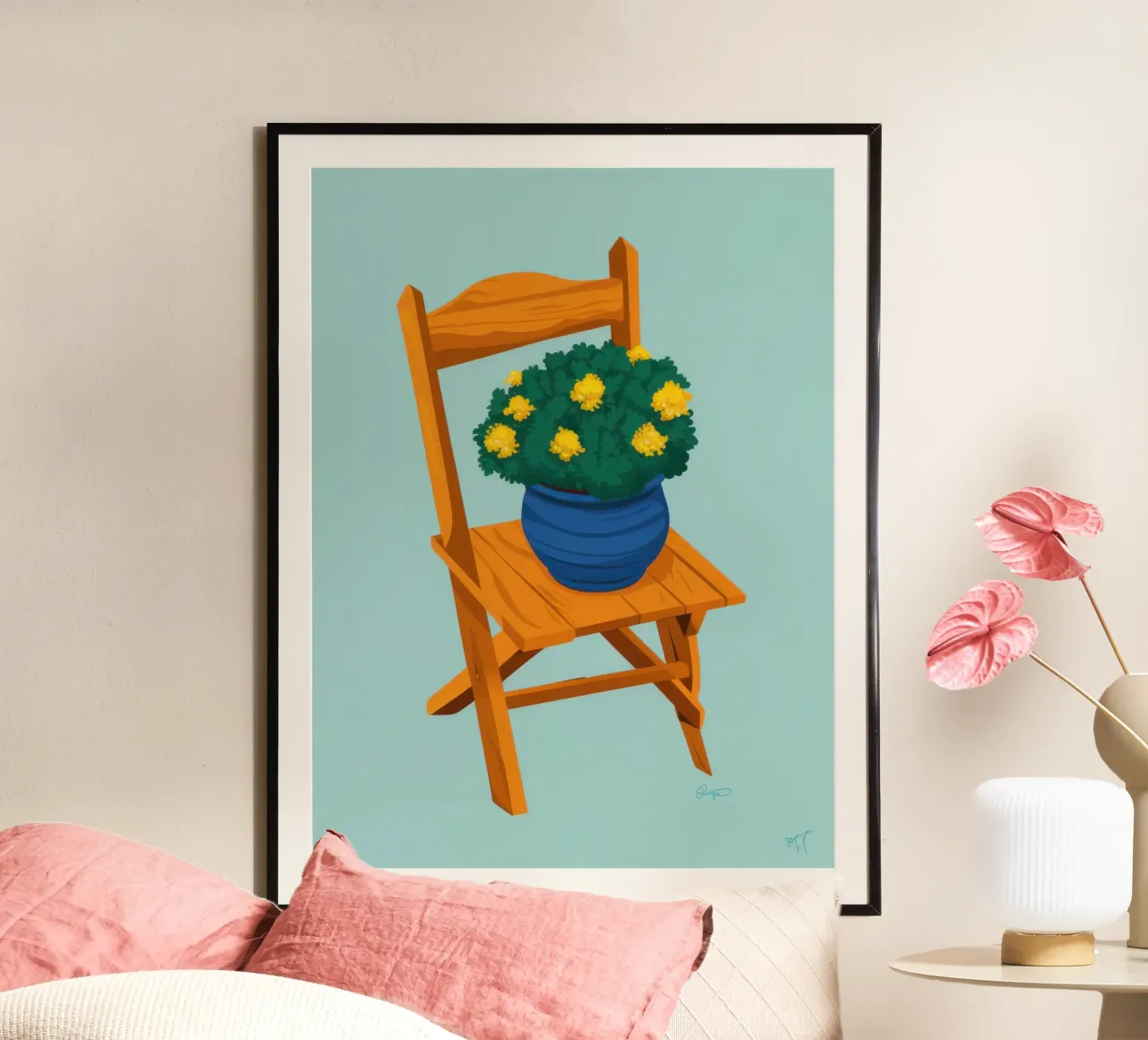 Fiori di sole in vaso poster con telaio in legno da Snow Mist