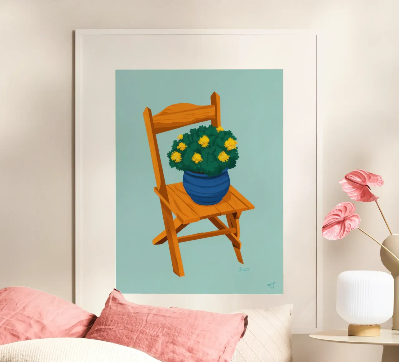 Fiori di sole in vaso poster con telaio in legno da Snow Mist
