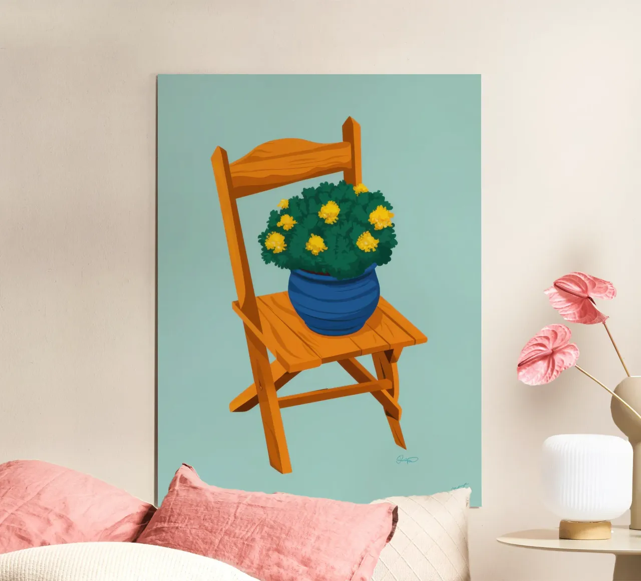 Fiori di sole in vaso poster con telaio in legno da Snow Mist