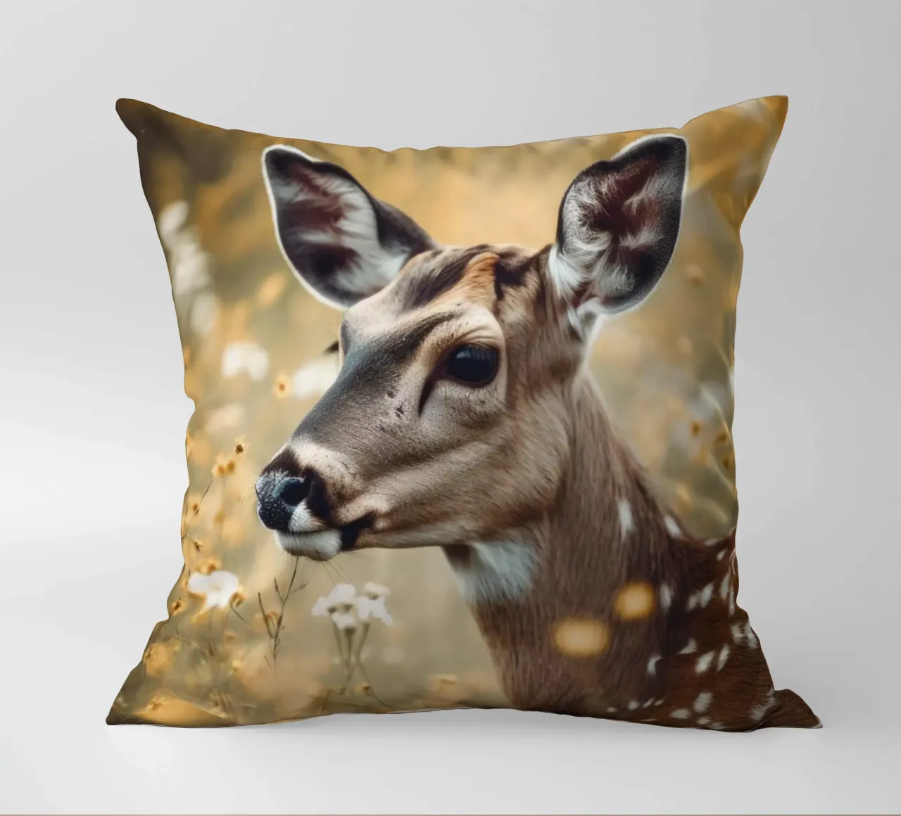 Deer In Flower Field cuscino da treechild