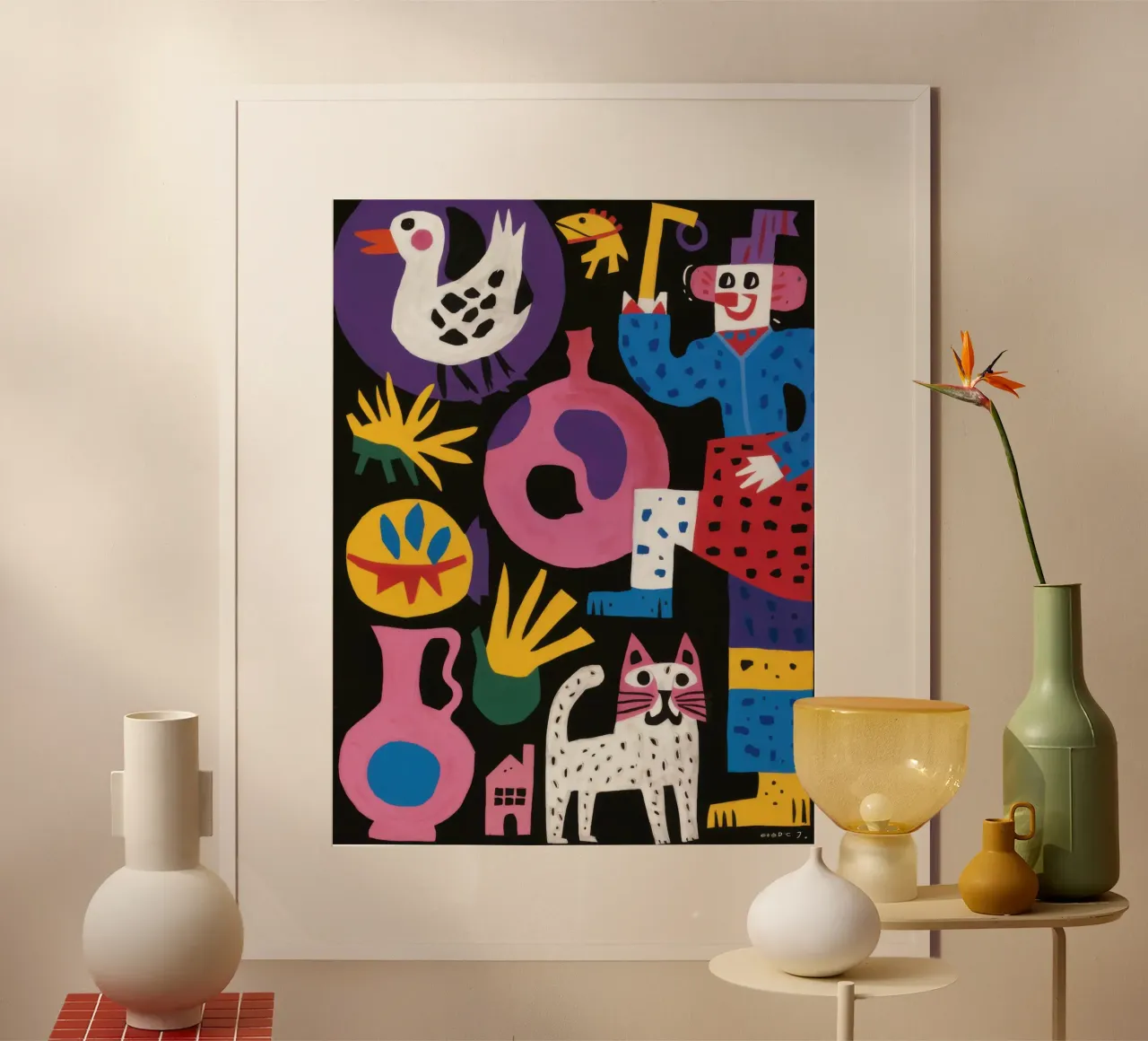 Amici Totem giocosi poster con telaio in legno da Bruce Juice