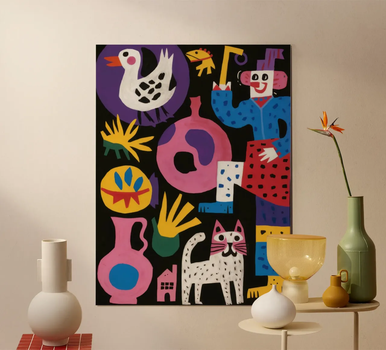 Amici Totem giocosi poster con telaio in legno da Bruce Juice