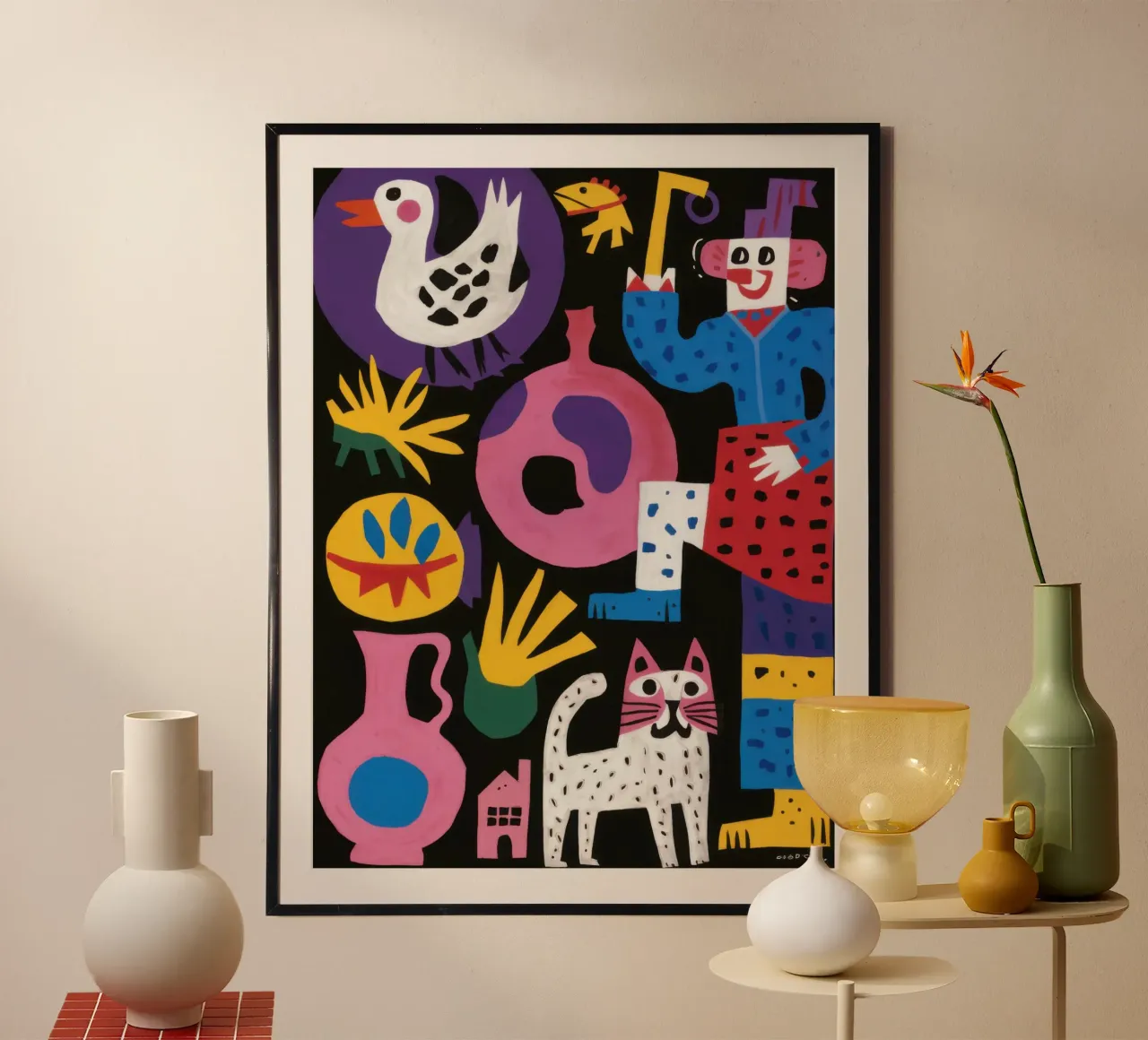 Amici Totem giocosi poster con telaio in legno da Bruce Juice