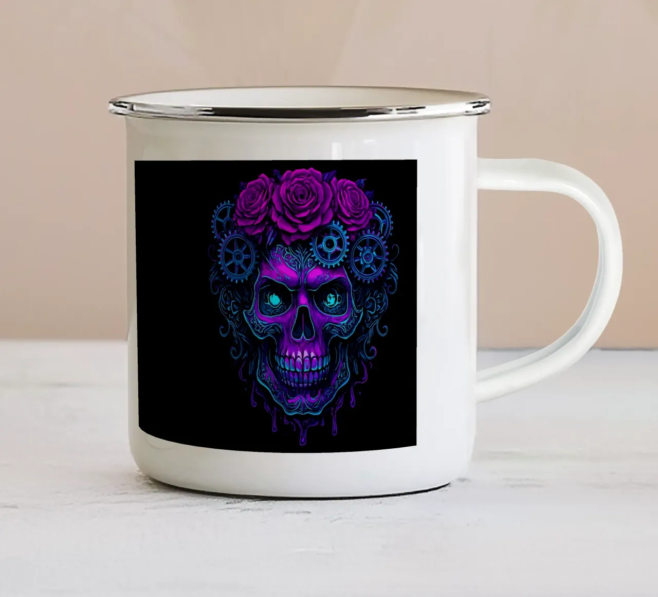 Teschio cibernetico al neon con ingranaggi rosa tazza in smalto da LM2KONE