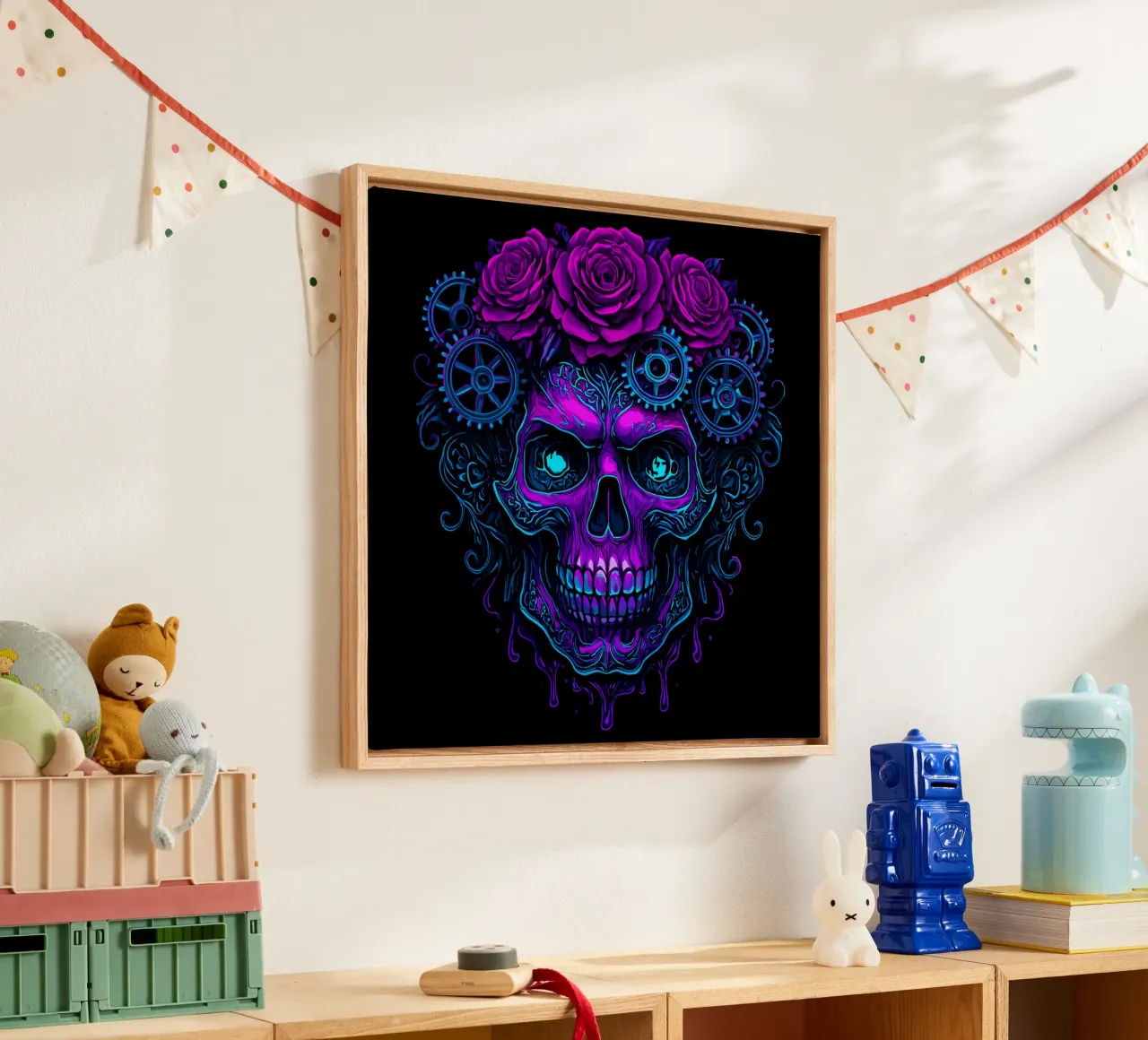 Neon cybernetic skull with pink gears canvas with Floater frame by LM2KONE