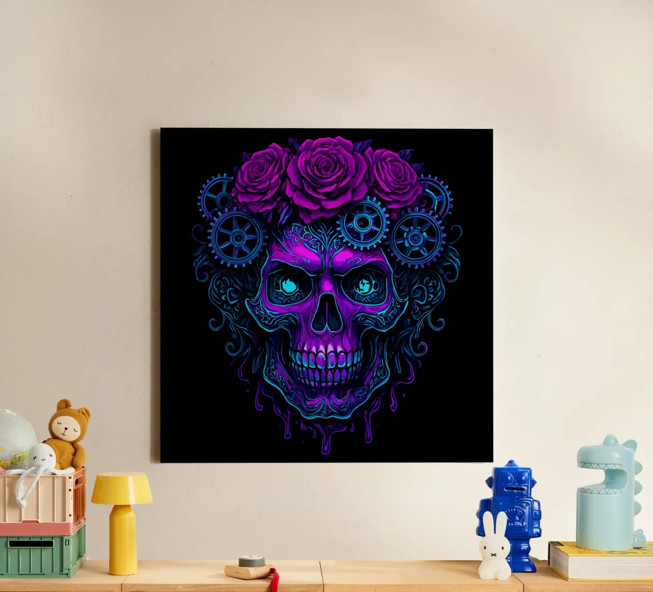 Neon cybernetic skull with pink gears canvas with Floater frame by LM2KONE