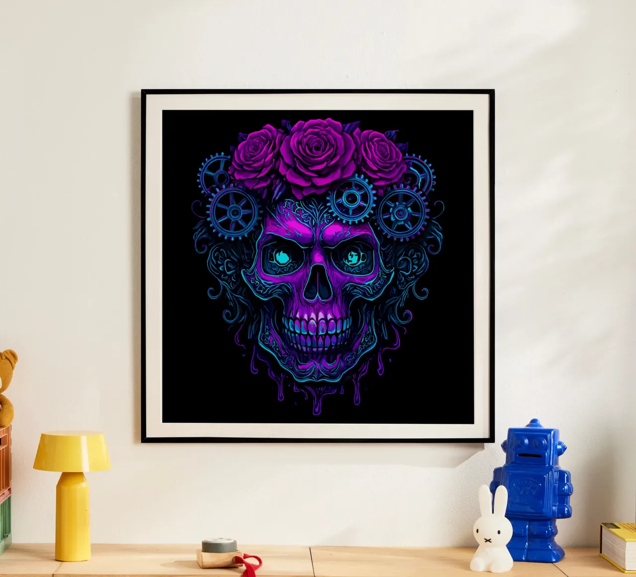 Teschio cibernetico al neon con ingranaggi rosa poster con telaio in legno da LM2KONE