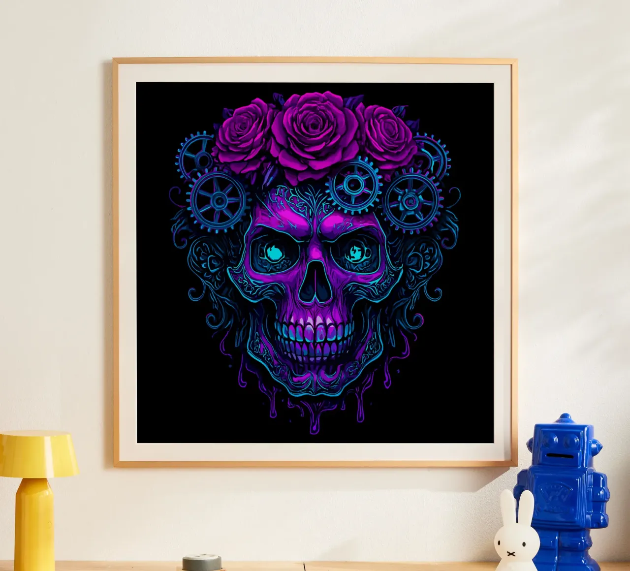 Teschio cibernetico al neon con ingranaggi rosa poster con telaio in legno da LM2KONE