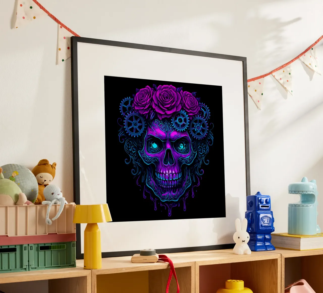 Teschio cibernetico al neon con ingranaggi rosa poster con telaio in legno da LM2KONE
