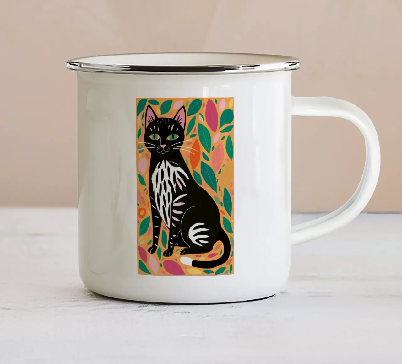 Gatto dagli occhi verdi floreale tazza in smalto da Lyra Glaze