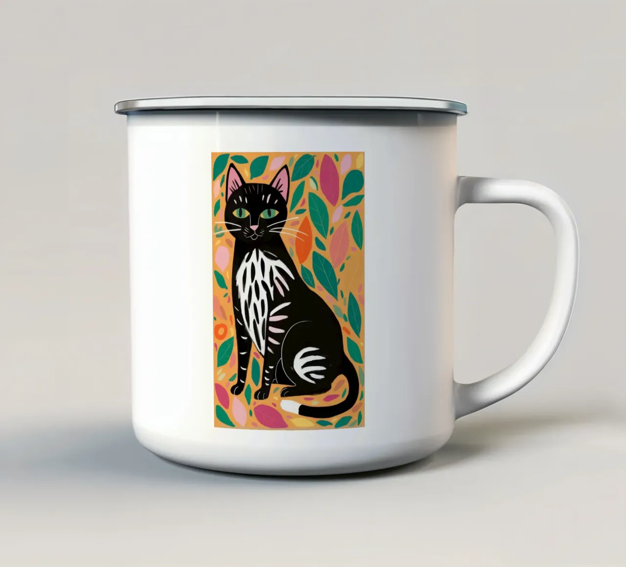 Gatto dagli occhi verdi floreale tazza in smalto da Lyra Glaze
